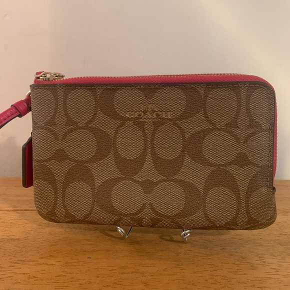 COACH Signature Leather Canvas Double Zip Wristlet F66506 Khaki Bright P… - Picture 2 of 14